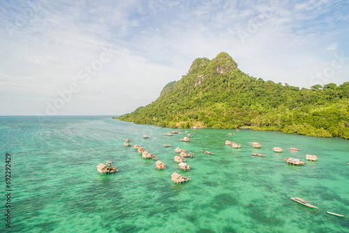 Beautiful aerial view borneo sea gypsy water village in Mabul Bodgaya Island, Malaysia. photo