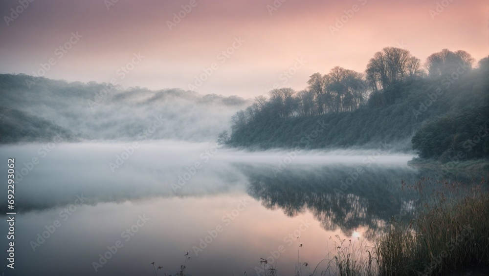 Fototapeta premium Misty Dawn: Serene Lake Enveloped in Ethereal Morning Fog