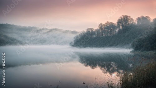 Misty Dawn: Serene Lake Enveloped in Ethereal Morning Fog