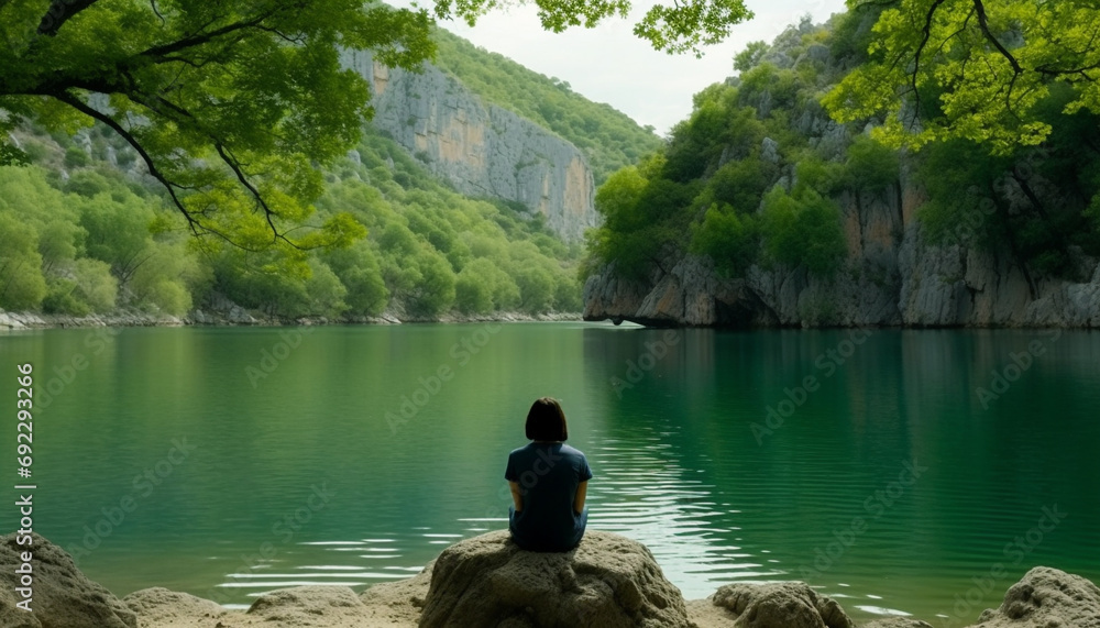 Obraz premium One person meditating, standing on rock, reflecting on serene nature generated by AI