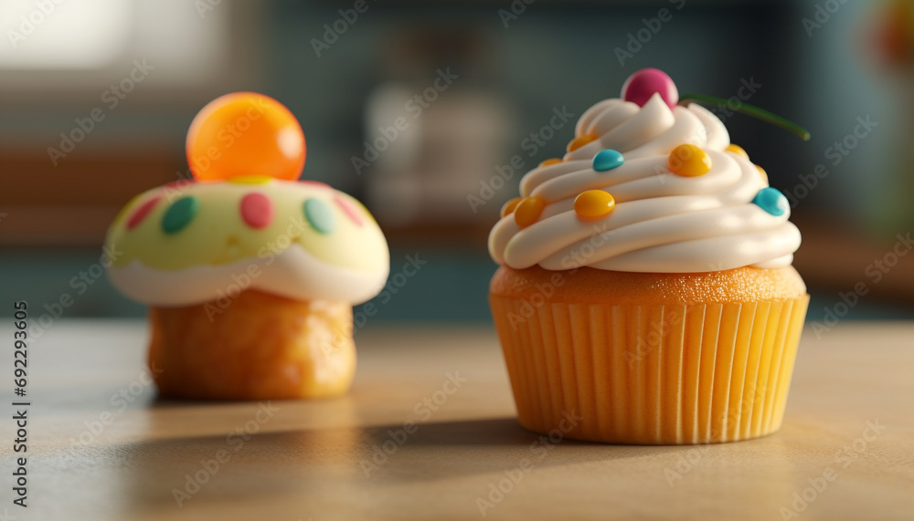Cute cupcake with colorful icing, baked for birthday celebration generated by AI