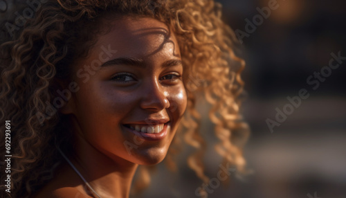 Smiling young woman with curly hair enjoying leisure activity outdoors generated by AI