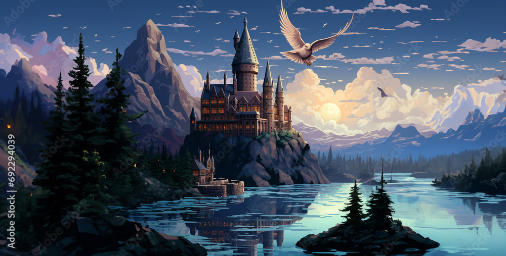 castle in the mountains, picture in the Hogwarts style the main elements, landscape with church and mountains - obrazy, fototapety, plakaty 