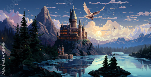 castle in the mountains, picture in the Hogwarts style the main elements, landscape with church and mountains