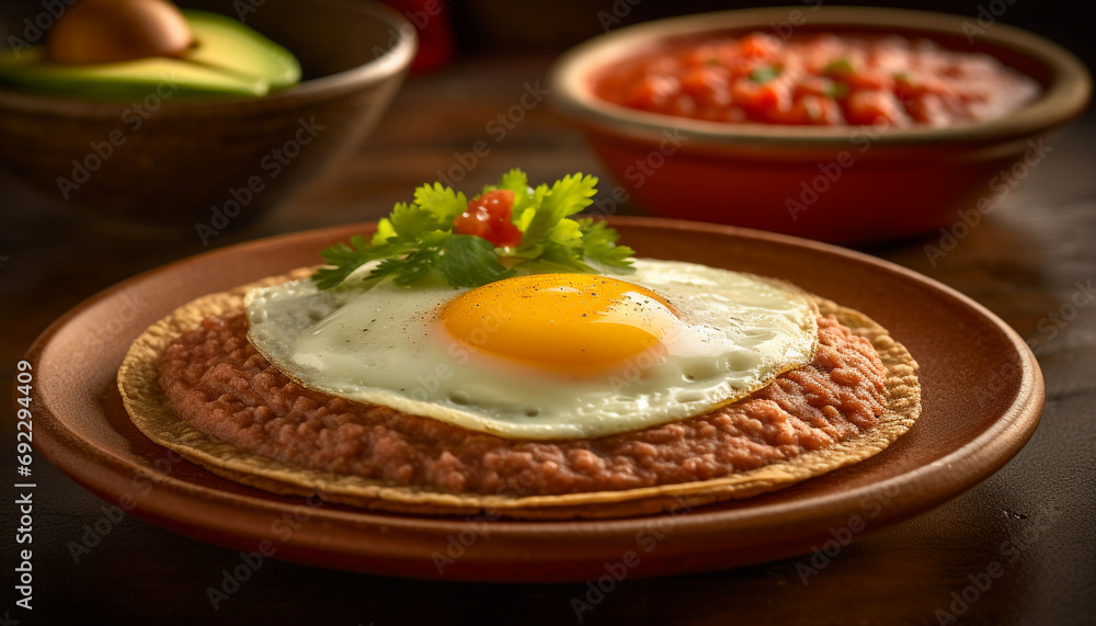 Fresh gourmet meal on rustic wood plate with cooked meat and vegetables generated by AI