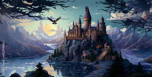 castle in the mountains, picture in the Hogwarts style the main elements