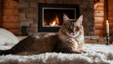 Regal Cat Lounging by the Fireside