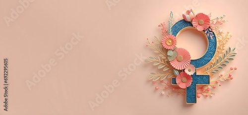 International Women's day female symbol with floral ornaments and copy space in 3D illustration. March 8 for feminism, independence, sisterhood, empowerment, activism for women's rights, generative ai photo