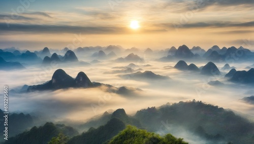 Misty Sunrise over Guilin Mountains