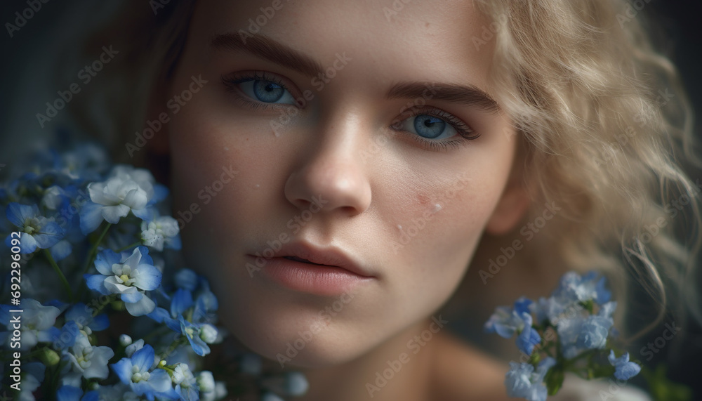 Blond beauty with blue eyes and flower, smiling at camera generated by AI