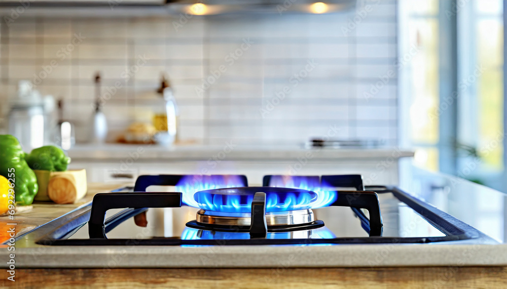 gas stove with flame in modern kitchen - obrazy, fototapety, plakaty 