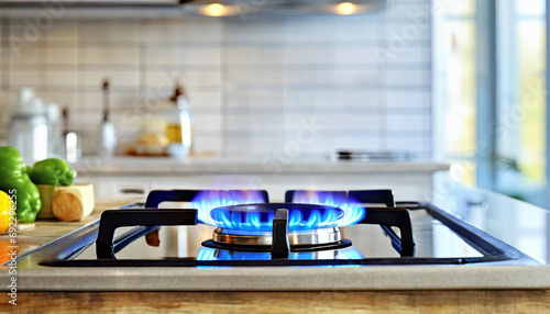 gas stove with flame in modern kitchen photo