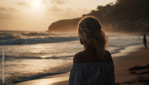 One young woman standing, looking at serene sunset over water generated by AI