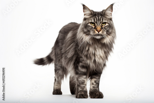 Maine Coon cat standing portrait. Adorable feline studio photography.