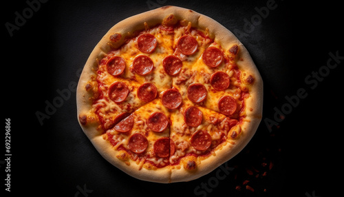 Freshly baked pizza with mozzarella, salami, and tomato sauce generated by AI