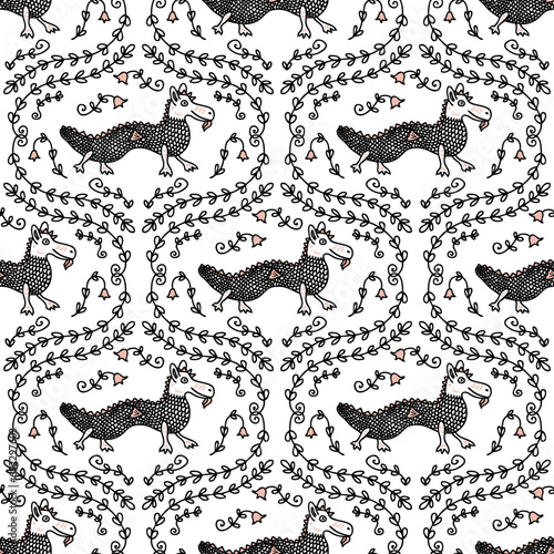 Doodle surrealistic dragons monsters seamless pattern. Fantasy print for tee  paper  textile and fabric. Doodle vector illustration.