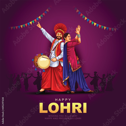 Happy Lohri festival of Punjab India background. group of people playing lohri dance. vector illustration banner design