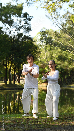 Full length view of active retired senior couple practicing traditional Tai Chi outdoors near lake.