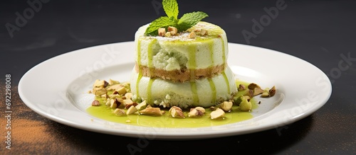 Arabic, Turkish, Syrian, and Lebanese dessert with ice cream and pistachio topping. photo