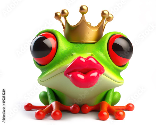 3d illustration of a funny red eyed tree frog with a crown waiting for a kiss