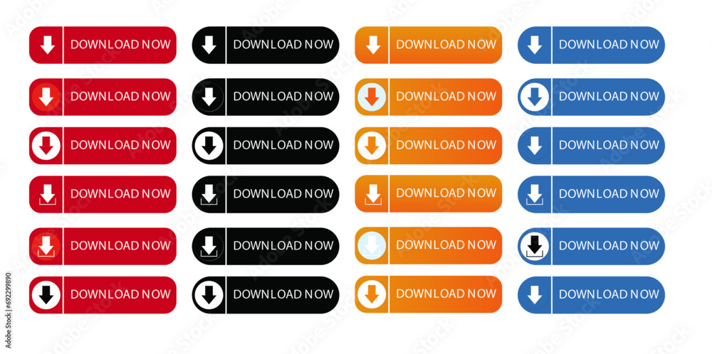 set of download now vector button with an arrow click here - obrazy, fototapety, plakaty 