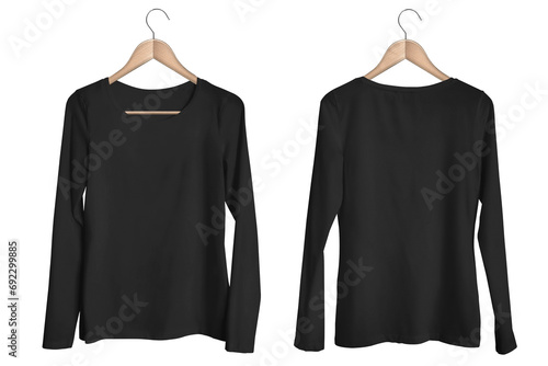 Blank Template Hanging Black Woman Round Neck Long Sleeve T-shirt Mockup photo