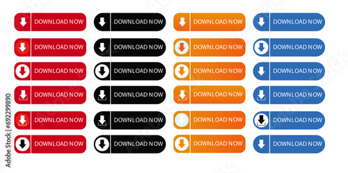 set of download now vector button with an arrow click here