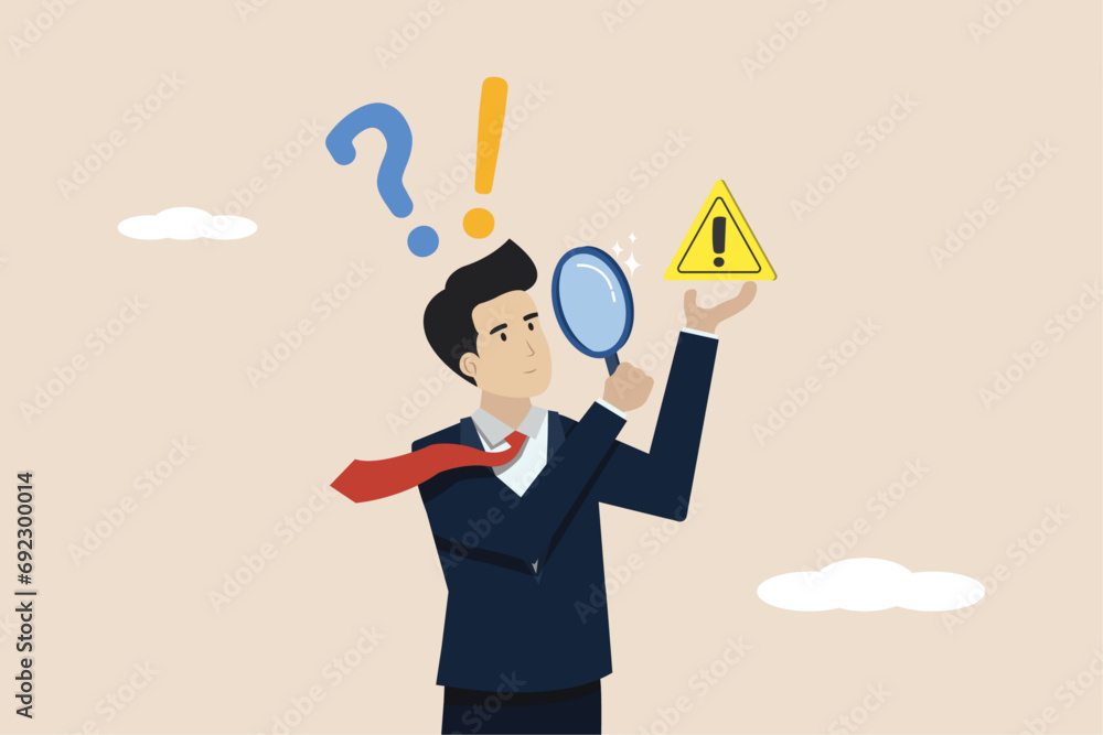 Concern or hesitant to take a decision, worried about a problem or issue, concept of disbelief or problem, businessman holding an exclamation mark with concern to solve the problem. Concern or hesitant to take a decision, worried about a problem or issue, concept of disbelief or problem, businessman holding an exclamation mark with concern to solve the problem.