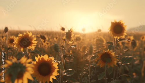 Vibrant sunflower growth in rural meadow  backlit by sunset sky generated by AI