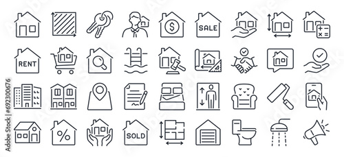 Real estate, home, apartment, rent, house, property, area editable stroke outline icons set isolated on white background flat vector illustration. Pixel perfect. 64 x 64.