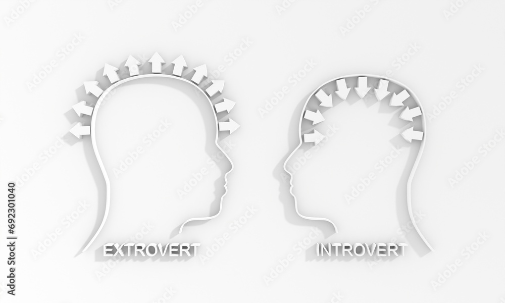 Introvert and extrovert comparison. Human heads with arrow. Different character social individuality with feelings and emotions expression or holding them inside 3D render Introvert and extrovert comparison. Human heads with arrow. Different character social individuality with feelings and emotions expression or holding them inside 3D render