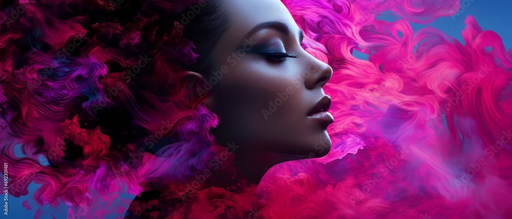 Vibrant Beauty Portrait with Flowing Magenta Ink Clouds