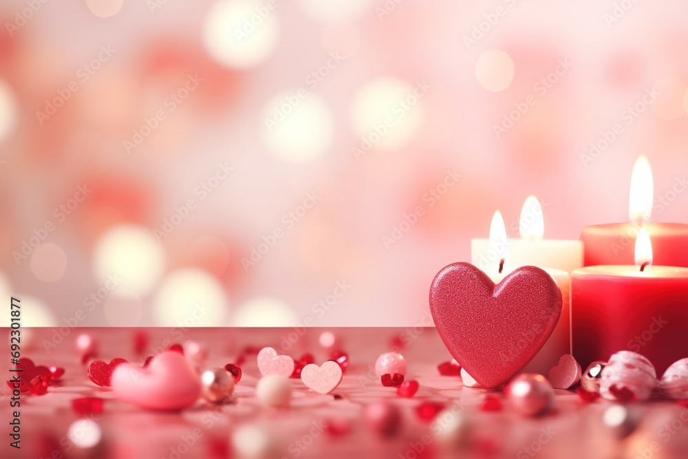 Valentine's Day background with hearts and candles on bokeh background
