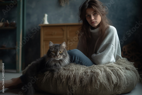猫と一緒に暮らす飼い主の女性・アニマルセラピー 
