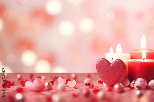 Valentine's Day background with hearts and candles on bokeh background