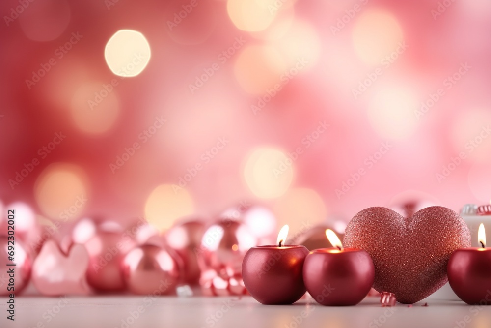 Valentine's Day background with hearts and candles on bokeh background