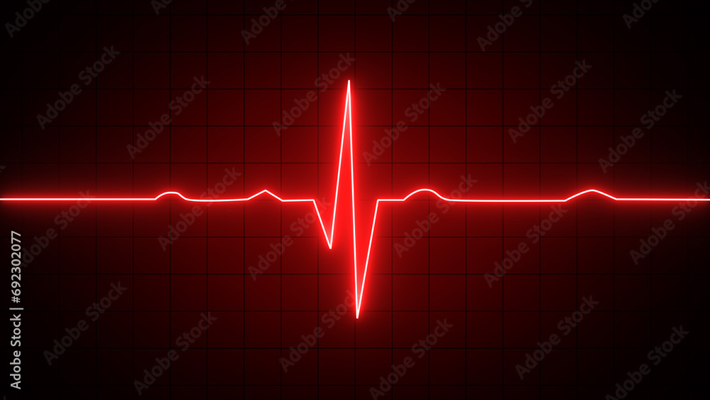 Glowing red neon heartbeat pulse rate line. Health and Medical concept. EKG Pulse Wave, cardiogram and rhythm - obrazy, fototapety, plakaty 