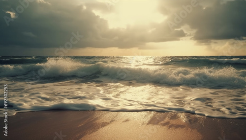 Tranquil seascape at dawn  with yellow sunlight and dramatic sky generated by AI