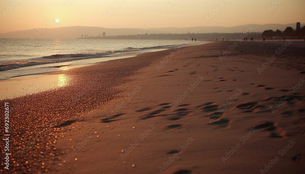 Tranquil sunset on tropical coastline, waves reflect golden sunlight generated by AI