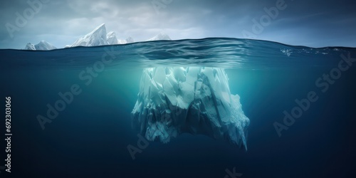 An iceberg beneath the water's surface serves as a symbol of the risks associated with global warming