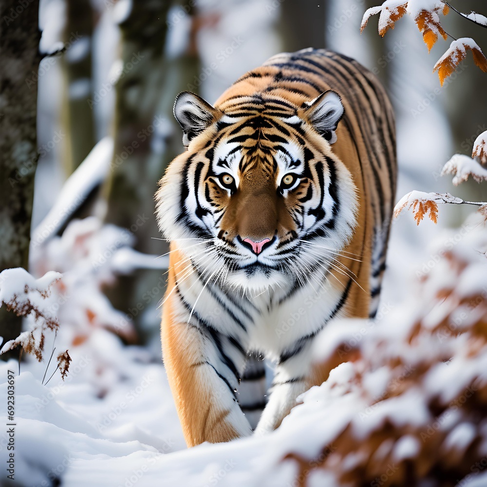 Obraz premium A tiger wandering in the cold winter forest. Generative AI.