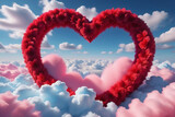 A big red heart on fluffy clouds, surrounded by a soft pink and blue sky.