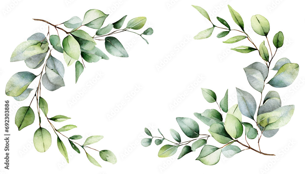 Fototapeta premium Watercolor floral frame with eucalyptus green leaves and branch isolated on white background. Hand painted wreath flowers for wedding invitation, save the date or greeting design