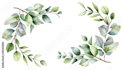 Watercolor floral frame with eucalyptus green leaves and branch isolated on white background. Hand painted wreath flowers for wedding invitation, save the date or greeting design