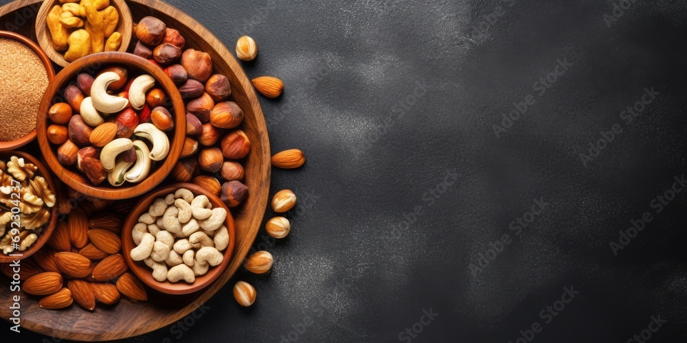Assortment of nuts in wooden bowl on dark stone table. Cashew, hazelnuts, walnuts, almonds, brazilian nuts and pine nuts. Top view with copy space
Assortment of nuts in wooden bowl on dark stone table. Cashew, hazelnuts, walnuts, almonds, brazilian nuts and pine nuts. Top view with copy space