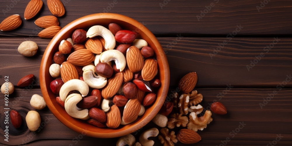 Mix of nuts in wooden bowl on dark wooden table. Cashew, hazelnuts, walnuts, almonds, brazilian nuts and pine nuts. Top view with copy space
Mix of nuts in wooden bowl on dark wooden table. Cashew, hazelnuts, walnuts, almonds, brazilian nuts and pine nuts. Top view with copy space