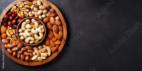 Assortment of nuts in wooden bowl on dark stone table. Cashew, hazelnuts, walnuts, almonds, brazilian nuts and pine nuts. Top view with copy space
 photo