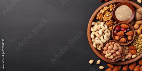 Assortment of nuts in wooden bowl on dark stone table. Cashew, hazelnuts, walnuts, almonds, brazilian nuts and pine nuts. Top view with copy space 