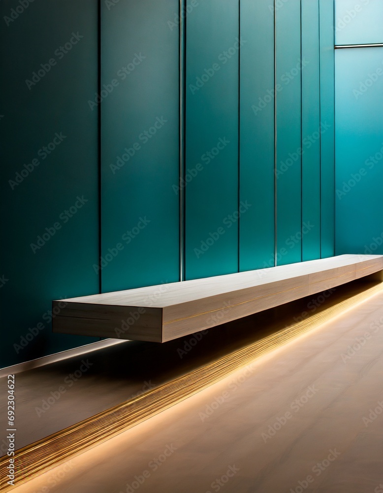 Turquoise walls, a wooden floor, and a long table. Harmony of light and space Turquoise walls, a wooden floor, and a long table. Harmony of light and space