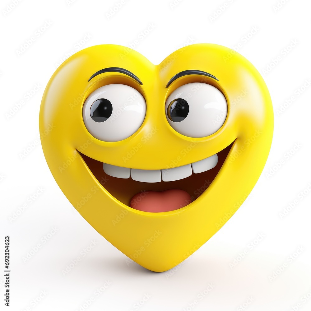 Fototapeta premium Yellow heart emoji with smiley face on white background